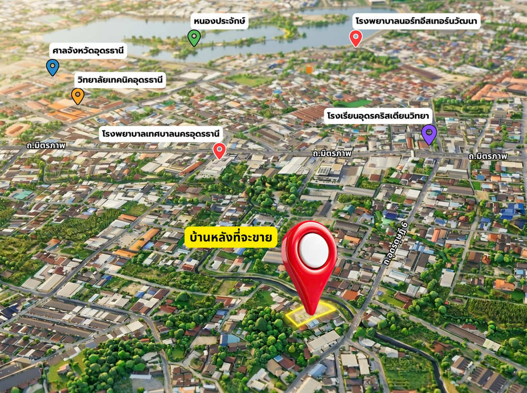 ที่ดินพร้อมบ้าน 1 ไร่ ถมแล้ว ติดถนนริมห้วยหมากแข้ง ตำบลหมากแข้ง เมืองอุดรธานี ใกล้เซ็นทรัลอุดรธานี