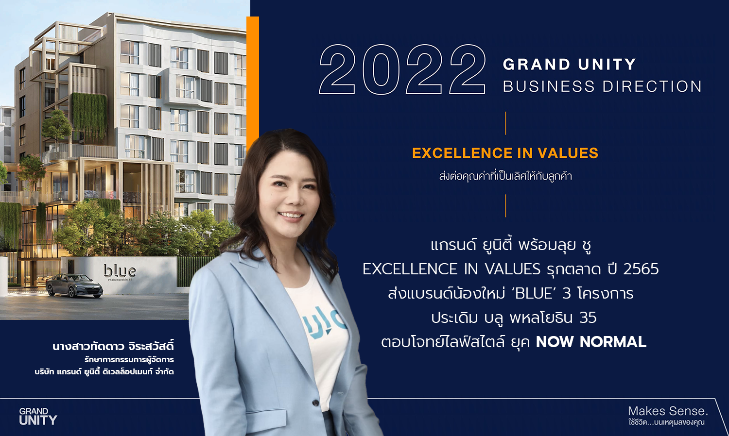 แกรนด์ ยูนิตี้ พร้อมลุย ชู  Excellence in Values รุกตลาด ปี 2565 พร้อมแบรนด์น้องใหม่ BLUE โครงการแรก บลู พหลโยธิน 35