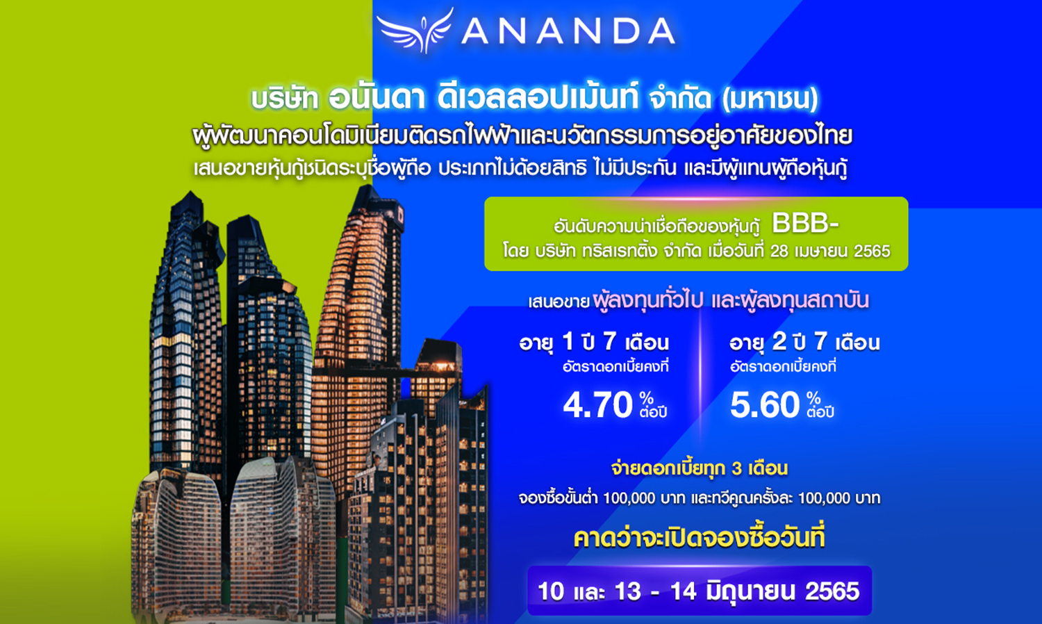 Ananda Plans to Issue Two Series of Bonds with Maturities of 1 Year 7 Months and 2 Years 7 Months, Offering Interest Rates Up to 5.60% per Year Through 7 Financial Institutions in Mid-June 2022