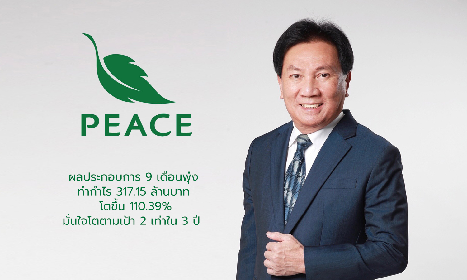 “PEACE” ผลประกอบการ 9 เดือนพุ่ง ทำกำไร 317.15 ล้านบาท โตขึ้น 110.39% มั่นใจโตตามเป้า 2 เท่าใน 3 ปี