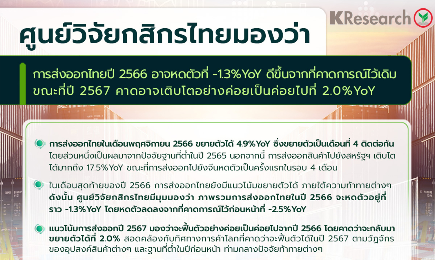 ศูนย์วิจัยกสิกรไทยมีมุมมองว่า การส่งออกไทยปี 2566 อาจหดตัวที่ -1.3%YoY ดีขึ้นจากที่คาดการณ์ไว้เดิม ขณะที่ปี 2567 คาดอาจเติบโตอย่างค่อยเป็นค่อยไปที่ 2.0%YoY