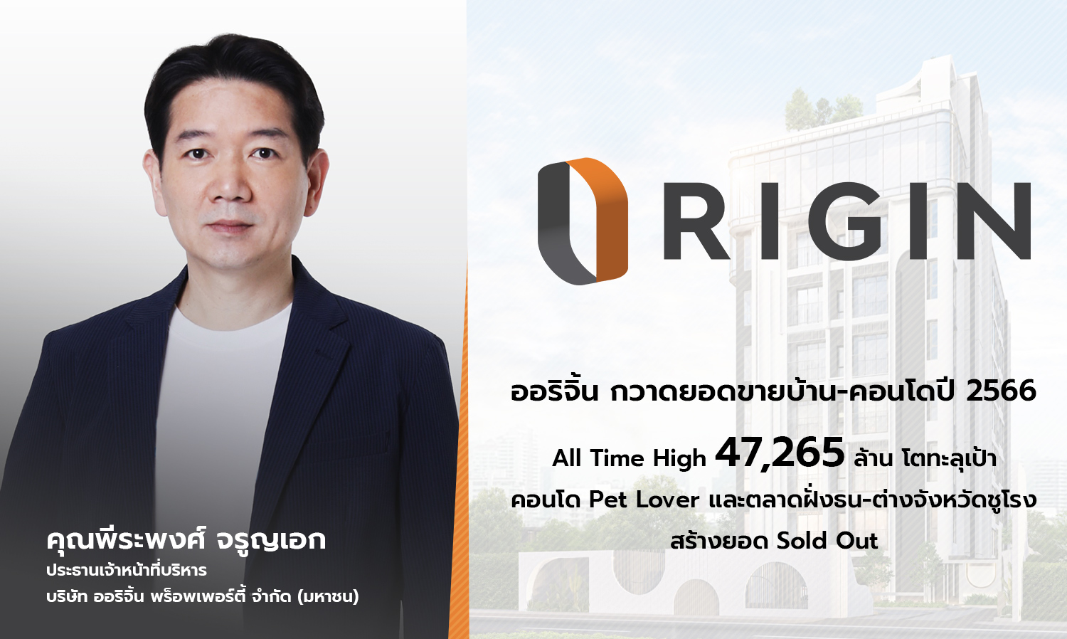 Origin Achieves All-Time High Sales of Homes and Condos in 2023 at 47.265 Billion Baht, Surpassing Targets with Pet Lover Condos and Markets in Thonburi and Upcountry Leading the Way