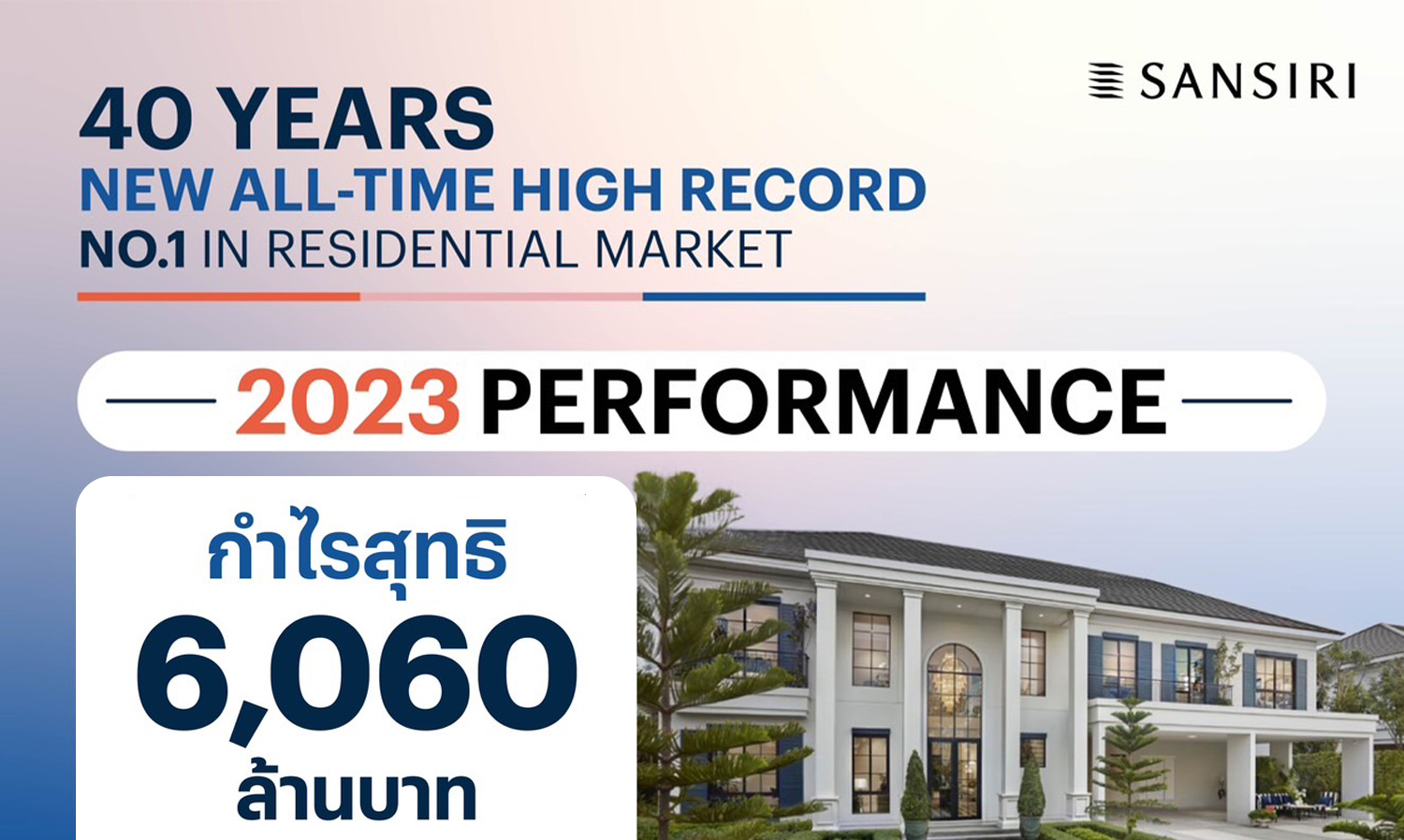 แสนสิริ สร้างสถิติใหม่ ประกาศกำไรสุทธิ 6,060 ล้านบาท  ALL-TIME HIGH เติบโตสูงสุดในกลุ่มอสังหาฯ เพื่ออยู่อาศัย