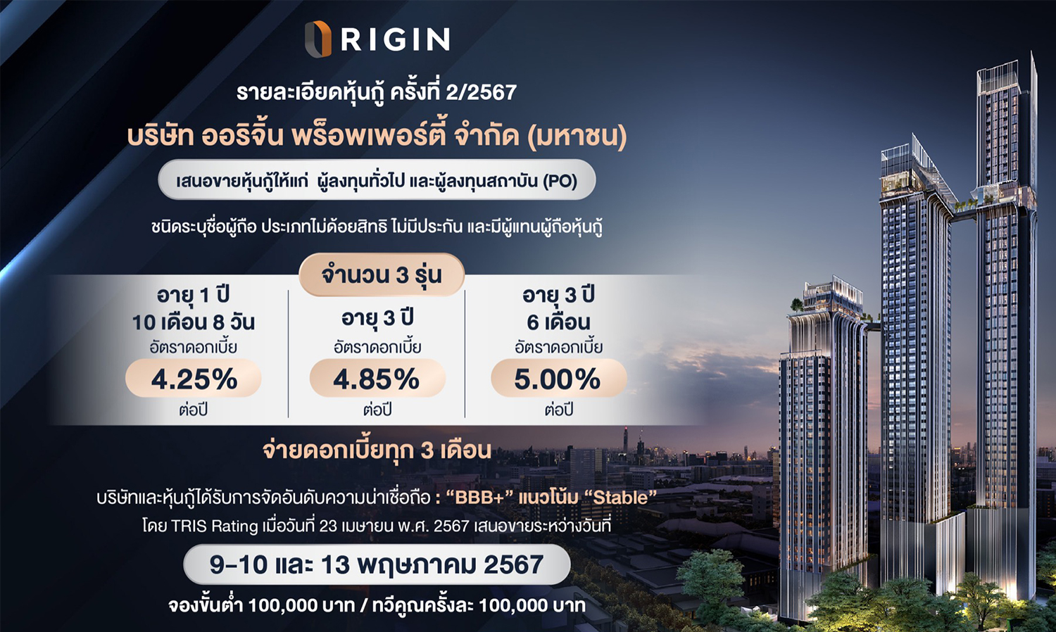 Origin to Offer New Bond Series with Interest Rates of 4.25-5.00% from May 9-13, Driving Forward with Plans to Launch 35 Projects Worth 37 Billion Baht