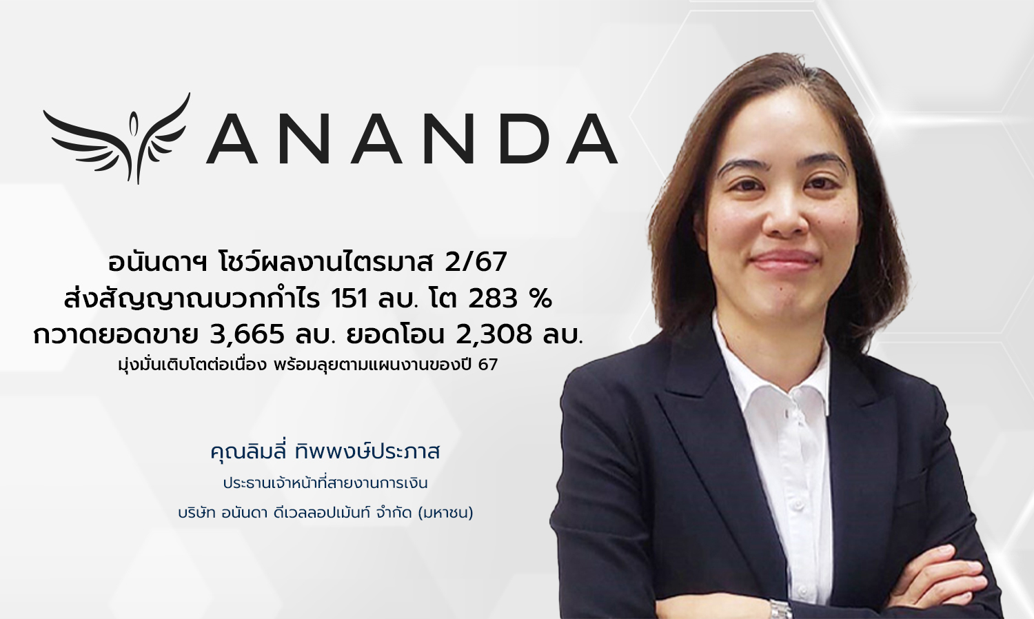 Ananda Development Reports Q2/2024 Results with Positive Signals: Profit of 151 Million Baht, Up 283%, Sales of 3,665 Million Baht, and Transfers of 2,308 Million Baht, Committed to Continuous Growth and Following 2024 Plans