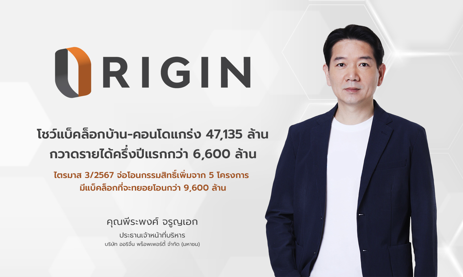 Origin Shows Strong Backlog of 47.135 Billion Baht, Earns Over 6.6 Billion in First Half of the Year, Ready to Transfer Ownership from 5 Projects in Q3/2024 with a Backlog of Over 9.6 Billion