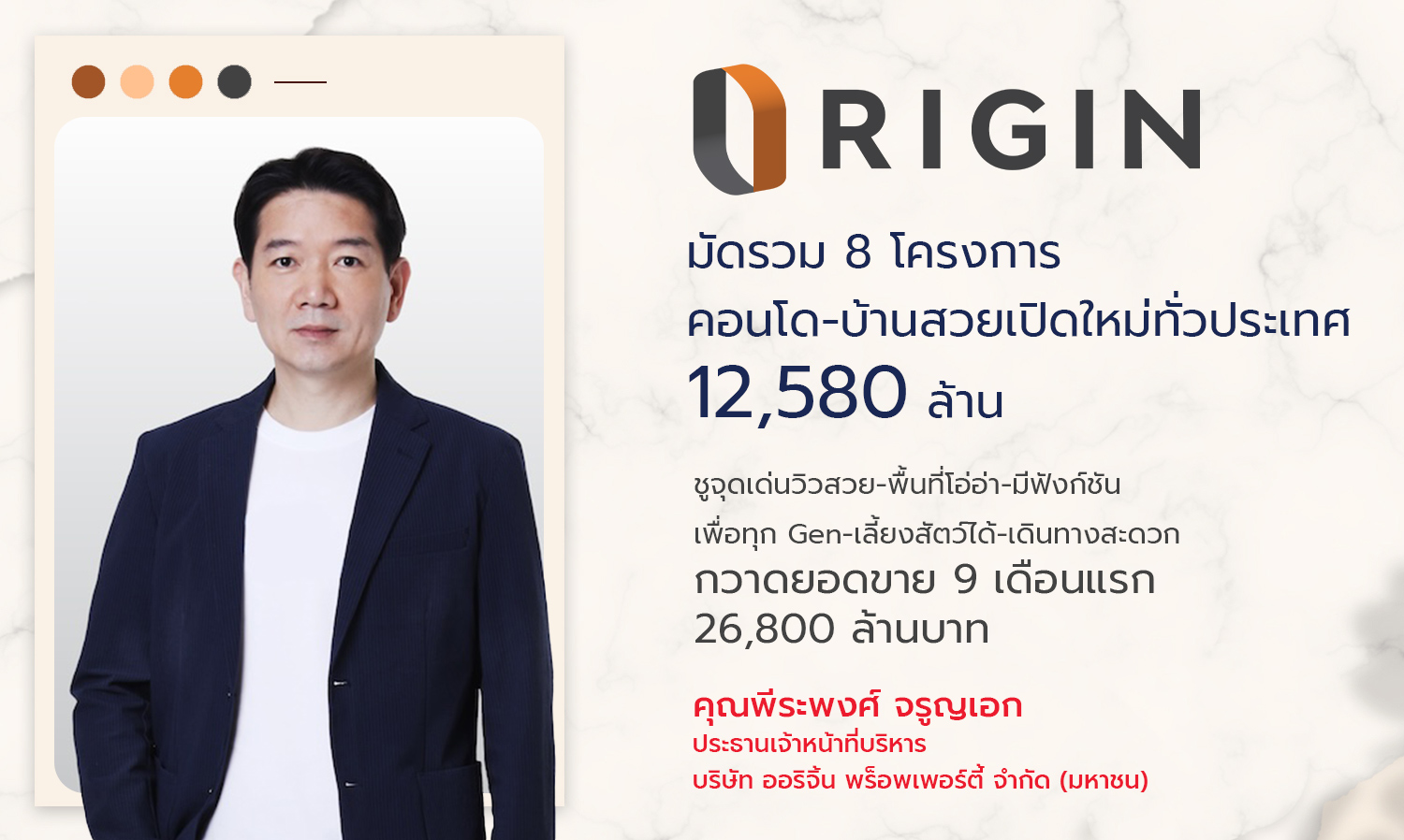 Origin Unveils 8 New Beautiful Condo and Housing Projects Nationwide Worth 12.58 Billion Baht, Highlighting Scenic Views, Spacious Areas, Multi-Generational Functions, Pet-Friendly Options, and Convenient Transportation, Achieving 26.8 Billion Baht in Sales in the First 9 Months