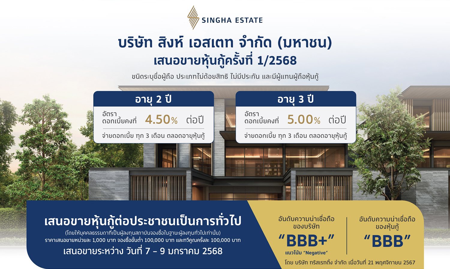 Singha Estate Sets Bond Interest Rates at 4.50% for 2-Year Bonds and 5.00% for 3-Year Bonds, Available for Public Sale from January 7-9 through 4 Leading Financial Institutions