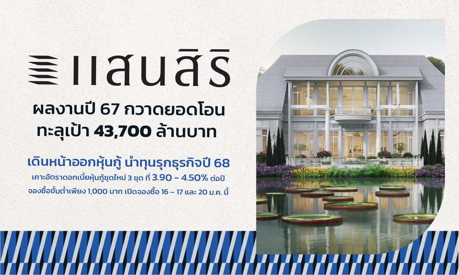 แสนสิริโชว์ผลงานปี 67 กวาดยอดโอนทะลุเป้า 43,700 ล้านบาท เดินหน้าออกหุ้นกู้ นำทุนรุกธุรกิจปี 68 เคาะอัตราดอกเบี้ยหุ้นกู้ชุดใหม่ 3 ชุด ที่ 3.90 - 4.50% ต่อปี  จองซื้อขั้นต่ำเพียง 1,000 บาท เปิดจองซื้อ 16 – 17 และ 20 ม.ค. นี้ 